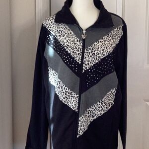 Black W/Print & Sequin Sweat Jacket Long Sleeve Full Zip Size 1X